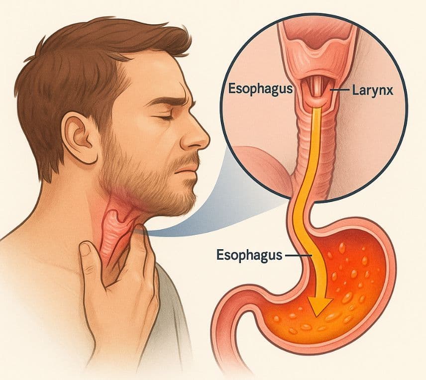 Ilustrație medicală a unui bărbat cu durere în gât cauzată de refluxul gastroesofagian, care afectează esofagul și laringele