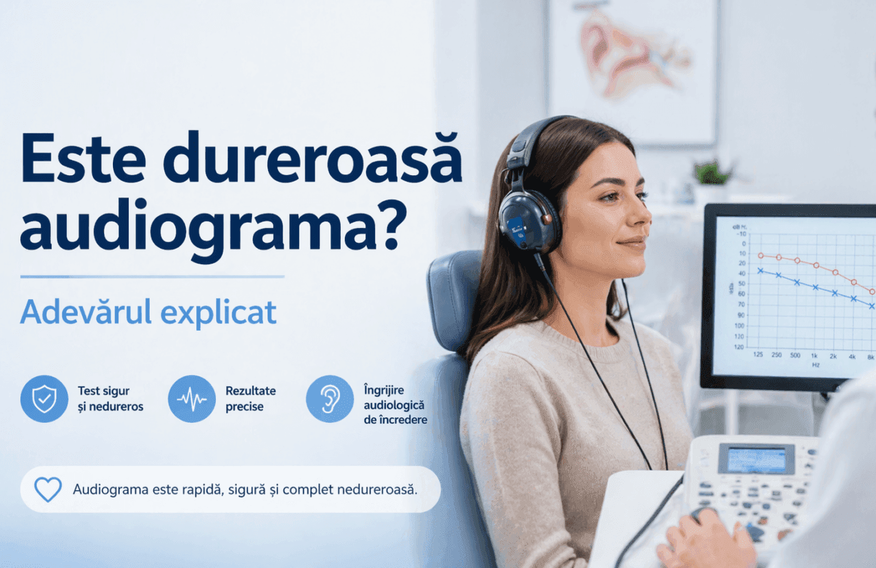 Pacientă în timpul audiogramei pentru evaluarea auzului cu echipament audiometric