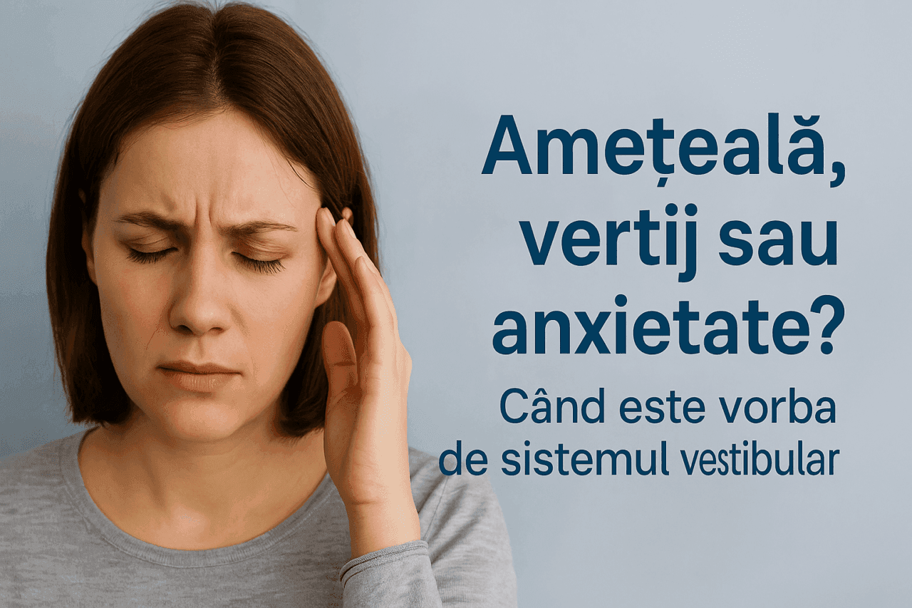 Femeie care își atinge tâmpla și închide ochii din cauza amețelii, reprezentând tema articolului despre diferența dintre amețeală, vertij și anxietate în legătură cu sistemul vestibular.