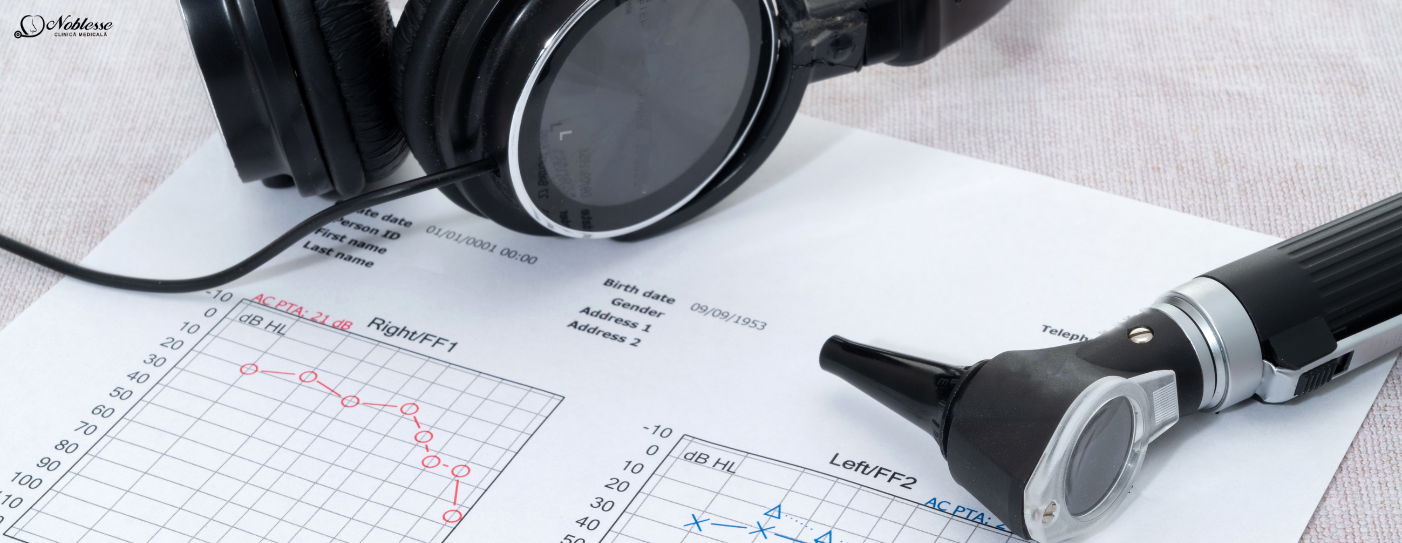 Document cu audiogramă și instrumente utilizate în diagnosticul pierderii auzului
