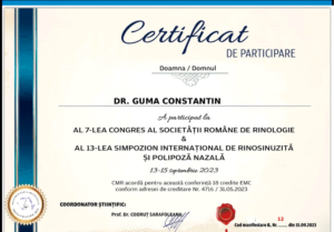Certificat de participare la Congresul Societății Române de Rinologie și Simpozionul Internațional de Rinosinuzită