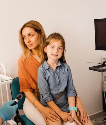 Mamă liniștită alături de fiica ei în cabinetul medical, în timpul pregătirii pentru videofibroscopie.