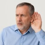 Bărbat matur, îngrijorat, care ascultă cu mâna la ureche – posibil semn al scăderii auzului.