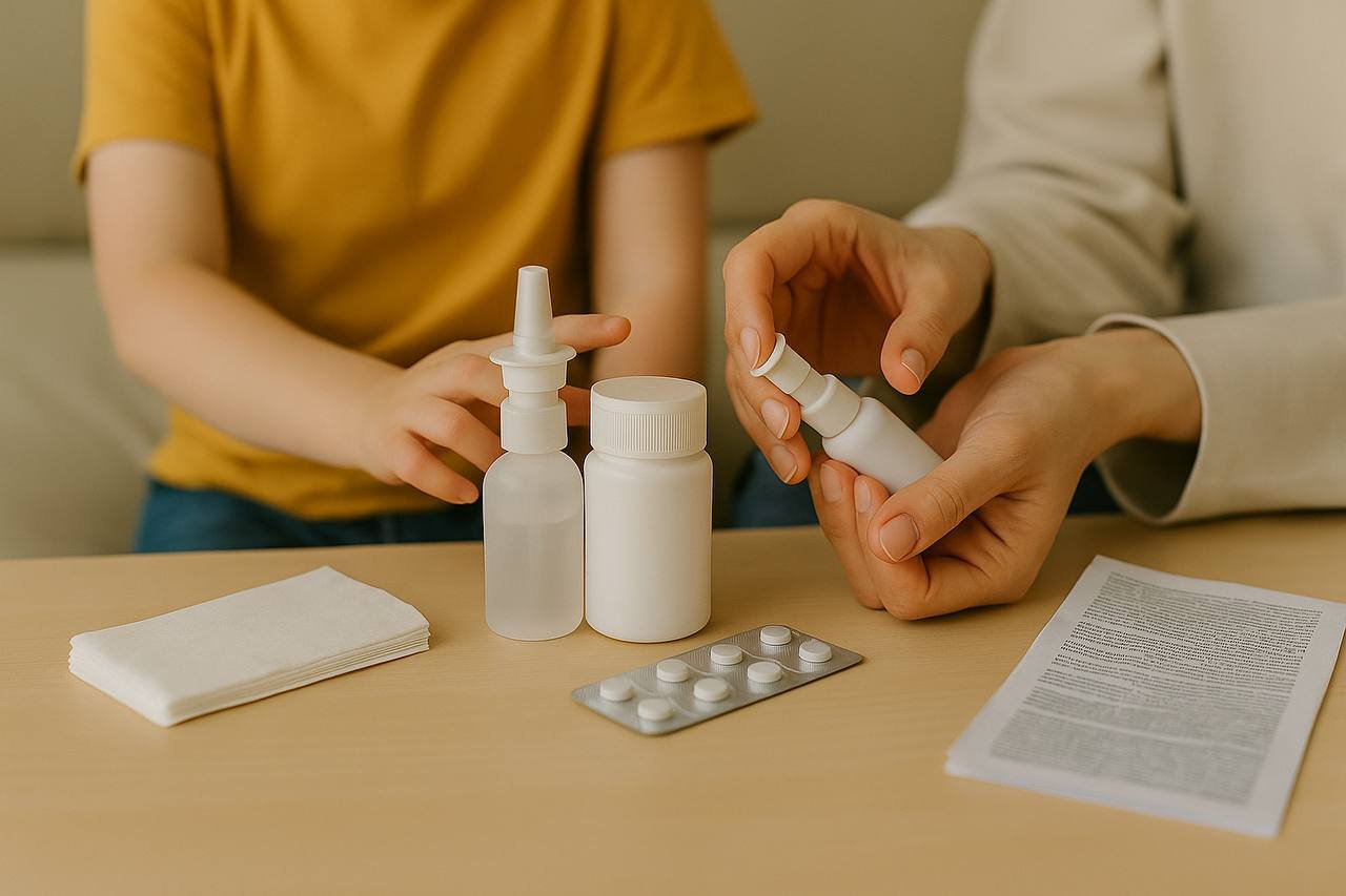 Produse pentru alergii pe masă spray nazal, pastile și șervețele, în timp ce mama oferă tratamentul copilului