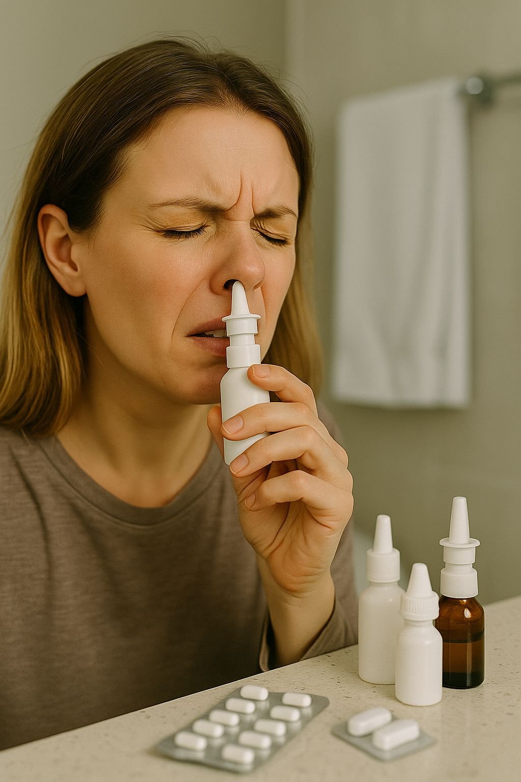 Femeie care utilizează incorect spray nazal, cu expresie de disconfort și mai multe flacoane pe blat