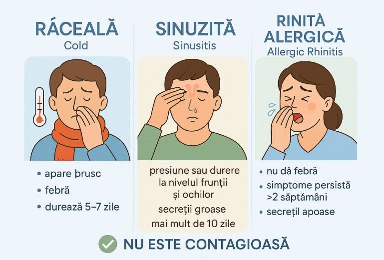 Infografic medical comparativ: răceală, sinuzită și rinită alergică, cu simptomele specifice și mențiunea că rinita alergică nu este contagioasă