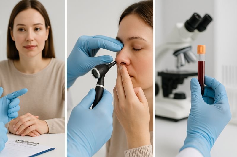 Set de imagini medicale: mâinile medicului în mănuși albastre discutând cu pacientul, examinarea nasului cu otoscop și recoltarea de sânge într-o eprubetă lângă microscop