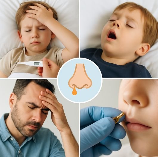 Colaj medical: copil cu febră și termometru, copil care sforăie cu gura deschisă, adult cu durere facială, corp străin în nasul copilului și simbol grafic al nasului cu secreții