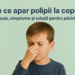 Copil care își atinge nasul, imagine reprezentând disconfortul cauzat de polipii nazali la copii