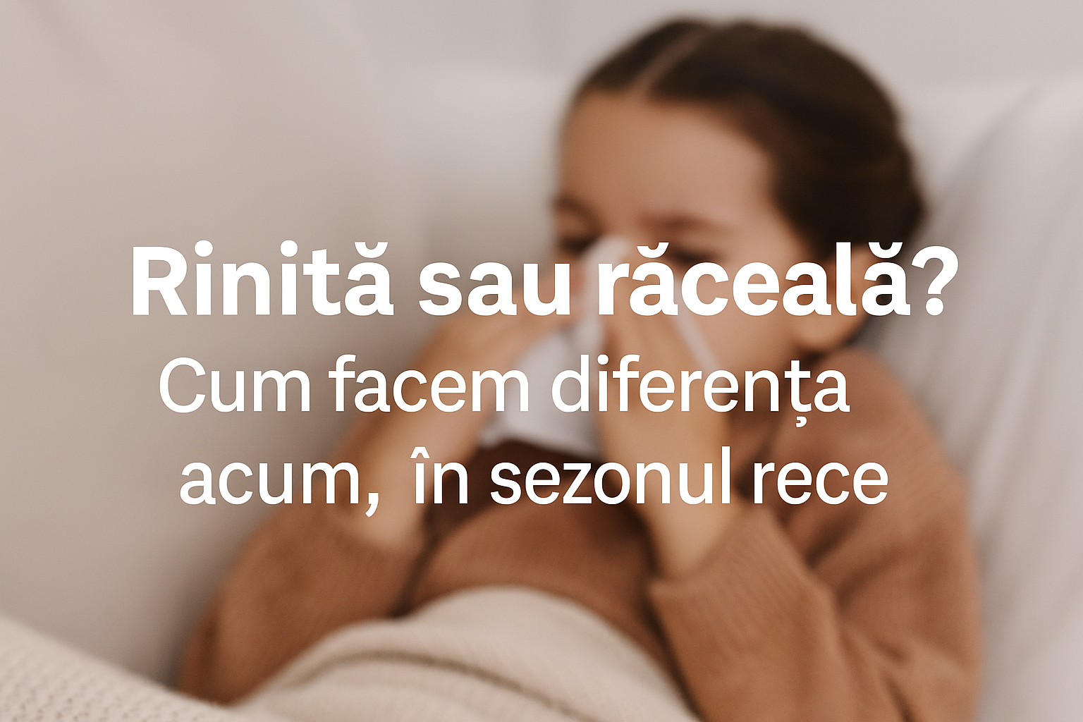 Fetiță cu nasul înfundat ținând un șervețel, imagine reprezentativă pentru articolul ‘Rinită sau răceală?’ în sezonul rece.