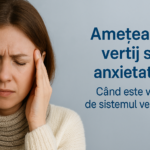 Femeie care experimentează amețeală și presiune la nivelul capului, ilustrând diferența dintre amețeală, vertij și anxietate, temă explicată în articolul despre sistemul vestibular.