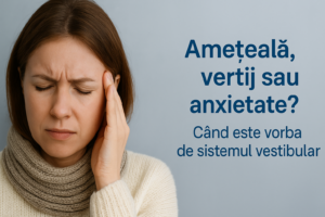 Femeie care experimentează amețeală și presiune la nivelul capului, ilustrând diferența dintre amețeală, vertij și anxietate, temă explicată în articolul despre sistemul vestibular.