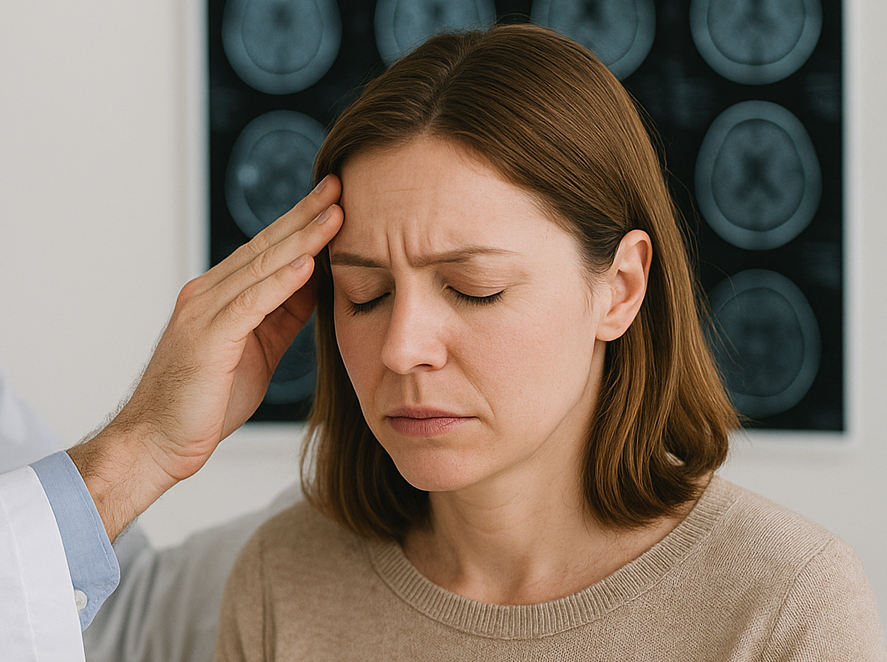 Femeie care își atinge tâmpla și închide ochii din cauza amețelii, în timpul unui consult ORL, posibil simptom al unei disfuncții vestibulare.