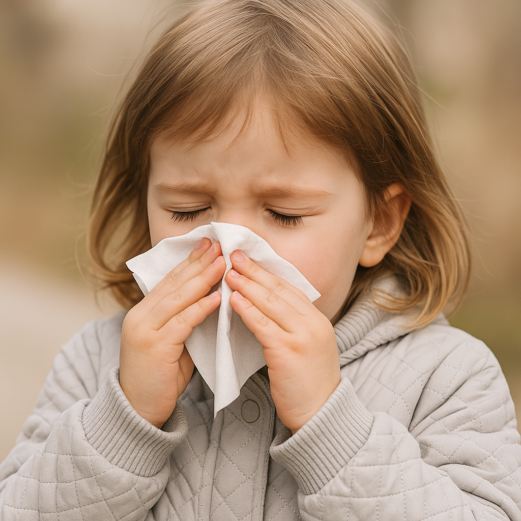 Copil mic suflându-și nasul într-un șervețel, cu ochii închiși, imagine reprezentativă pentru simptomele rinitei alergice sau non-alergice.