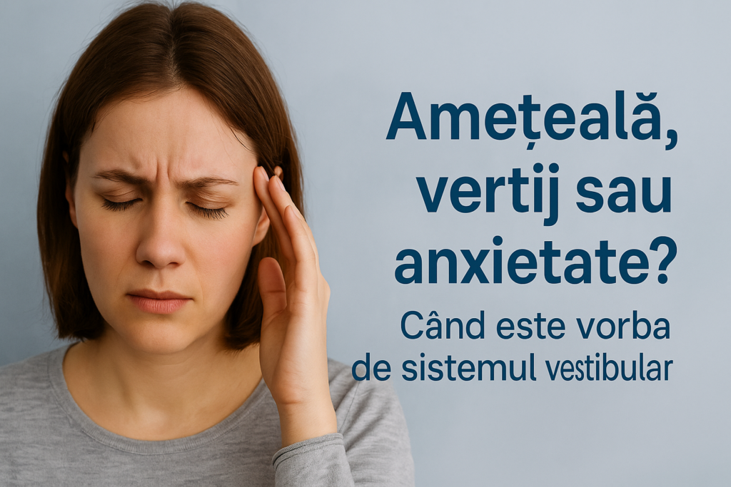 Femeie care își atinge tâmpla și închide ochii din cauza amețelii, reprezentând tema articolului despre diferența dintre amețeală, vertij și anxietate în legătură cu sistemul vestibular.