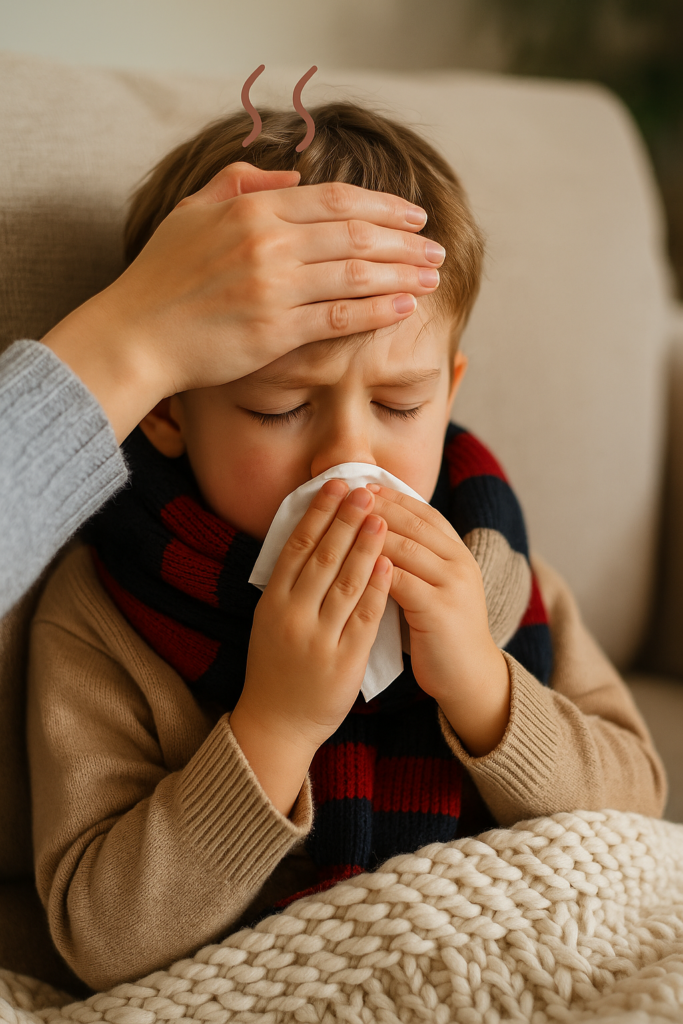 Copil bolnav cu nas înfundat, ținând un șervețel la nas, în timp ce o mână a mamei îi verifică febra pe frunte.