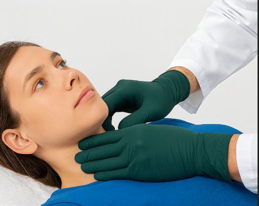 Medic palpează ganglionii limfatici ai unei paciente în timpul unei evaluări ORL, verificând corect cauza durerii în gât și contrazicând miturile legate de diagnostic și tratament.