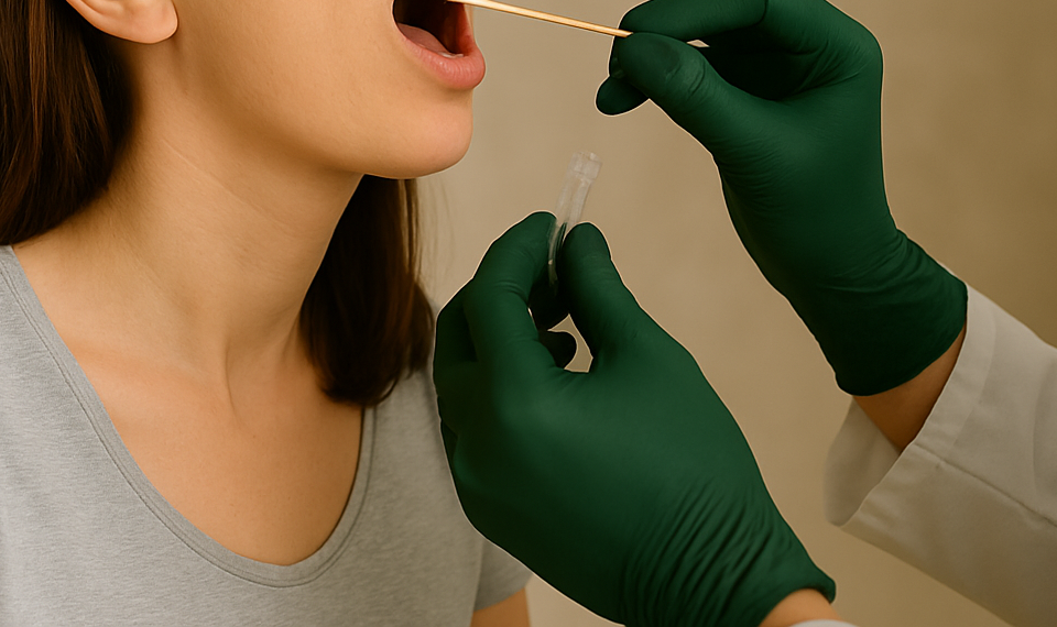 Prelevare de exsudat faringian la o pacientă, realizată de un medic cu mănuși pentru efectuarea unui test rapid streptococic, necesar pentru stabilirea diagnosticului corect în durerile de gât.