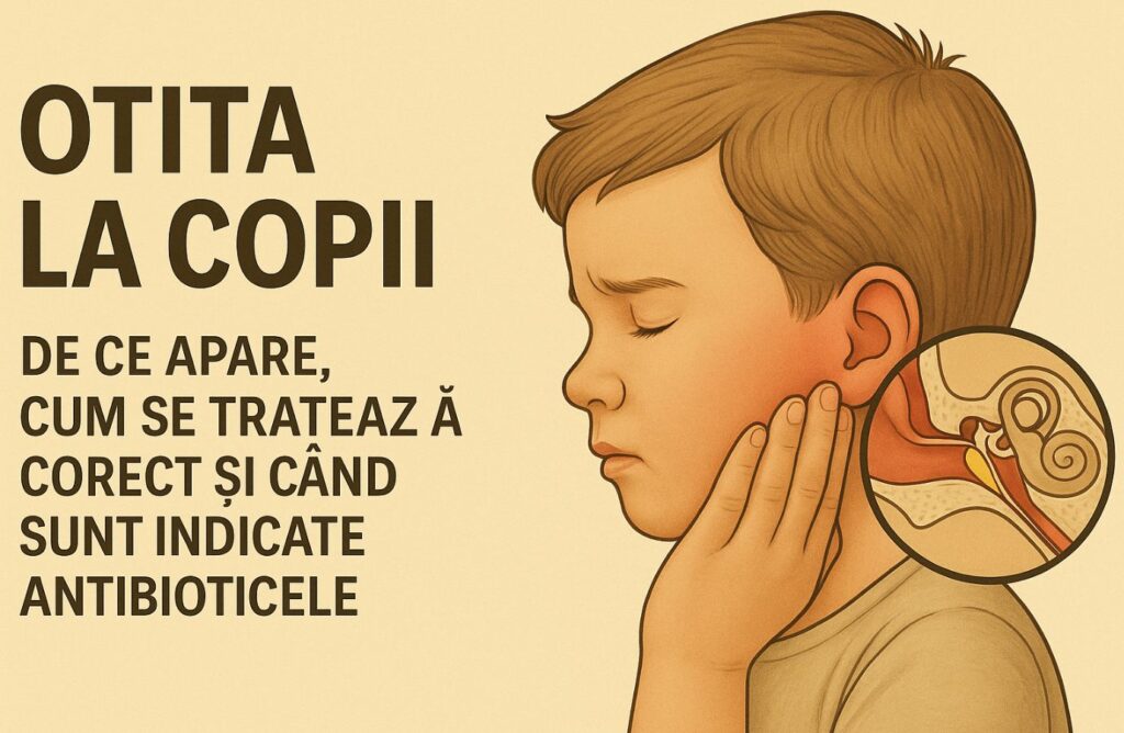 Ilustrație medicală cu un copil care își atinge urechea, alături de o schemă anatomică a urechii, ilustrând otita la copii, cauzele apariției, tratamentul corect și situațiile în care sunt indicate antibioticele.