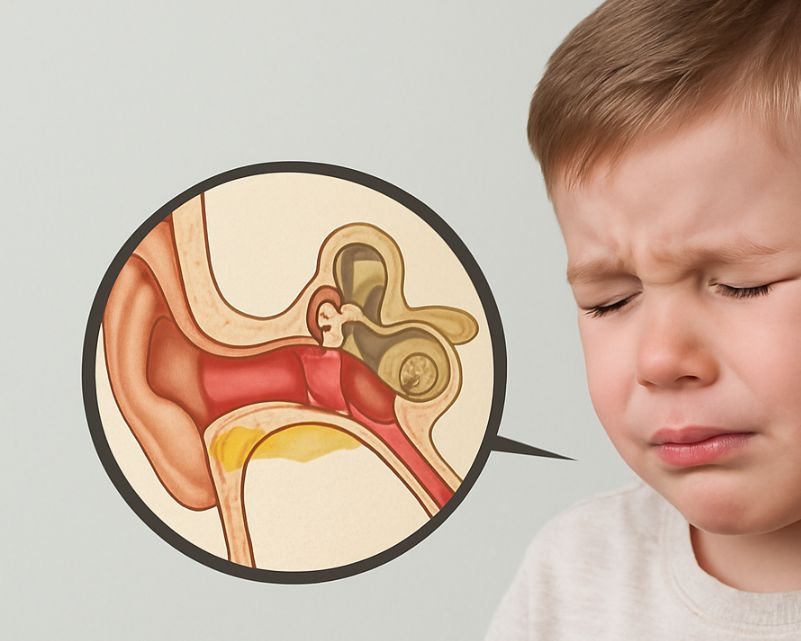 Copil cu expresie de durere la nivelul urechii, alături de o ilustrație anatomică a urechii care arată inflamația specifică otitei, sugerând semnele caracteristice ale otitei la copii.