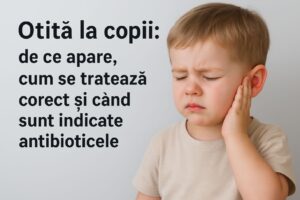 Copil mic ținându-se de ureche, cu expresie de disconfort, ilustrând durerea de ureche specifică otitei la copii și contextul în care este necesară evaluarea medicală pentru stabilirea tratamentului corect.