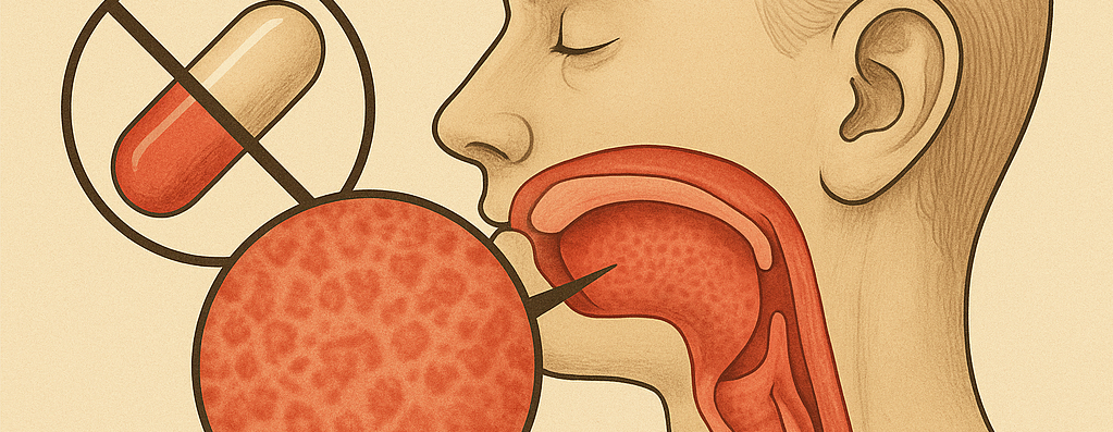 Ilustrație medicală schematică ce arată profilul capului și gâtului cu mucoasa inflamată specifică infecției virale, alături de simbolul unui antibiotic tăiat, sugerând că antibioticele nu sunt eficiente în durerile virale de gât.