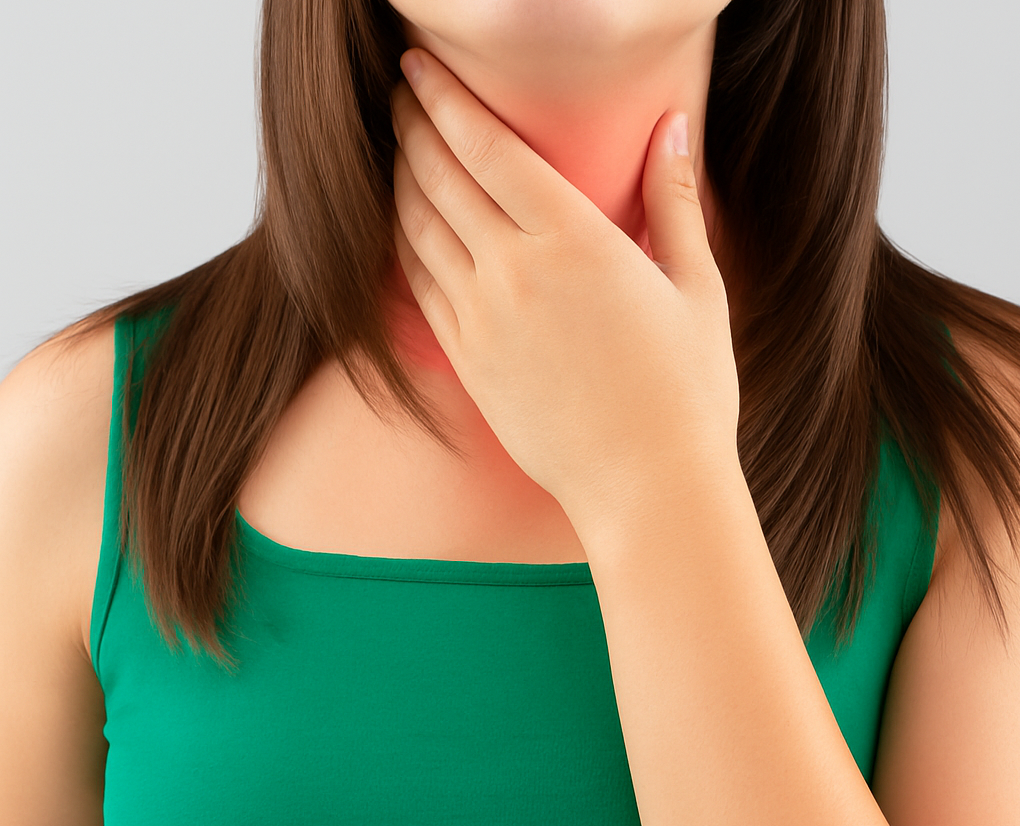 Femeie atingându-și zona gâtului inflamat, cu roșeață vizibilă, sugerând durere în gât sau iritație de origine virală.