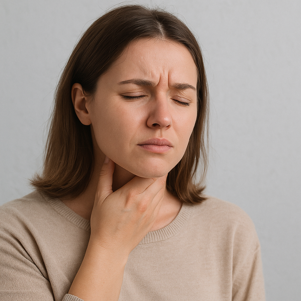 Femeie tânără atingându-și gâtul cu expresie de disconfort, sugerând durere în gât; fundal neutru, fotografie pentru blog ORL.