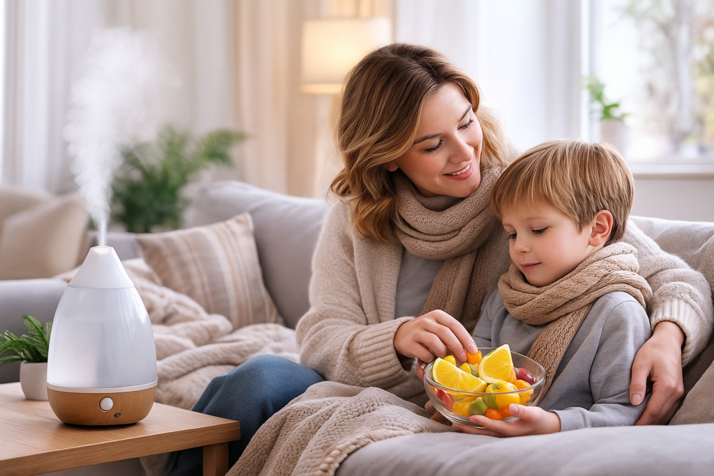 Mamă și copil într-o cameră luminoasă, lângă un umidificator și un platou cu fructe, vorbind despre protecția sănătății în sezonul rece.