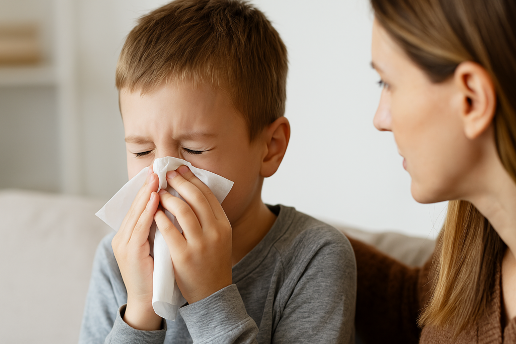 Copil suflându-și nasul cu un șervețel, în timp ce mama îl privește îngrijorată, imagine reprezentativă pentru diferența dintre rinită și răceală.