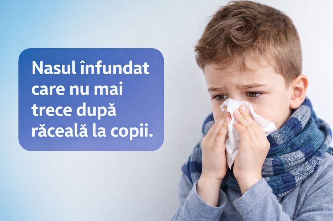 Copil cu nasul înfundat își suflă nasul, cu mesaj „Nasul înfundat care nu mai trece după răceală la copii”