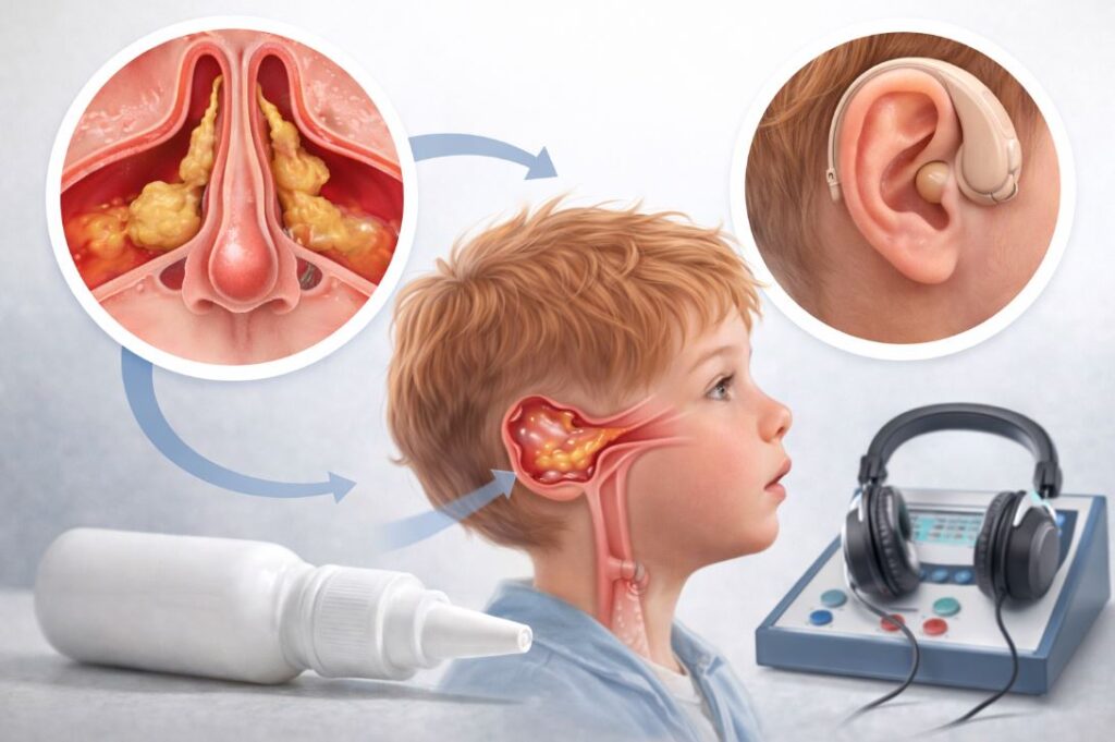 Legătura dintre congestia nazală persistentă, adenoizi și scăderea temporară a auzului la copii.