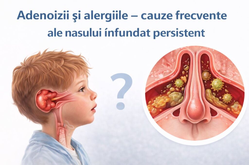 Adenoizi măriți și inflamația mucoasei nazale, cauze frecvente ale nasului înfundat persistent la copii.