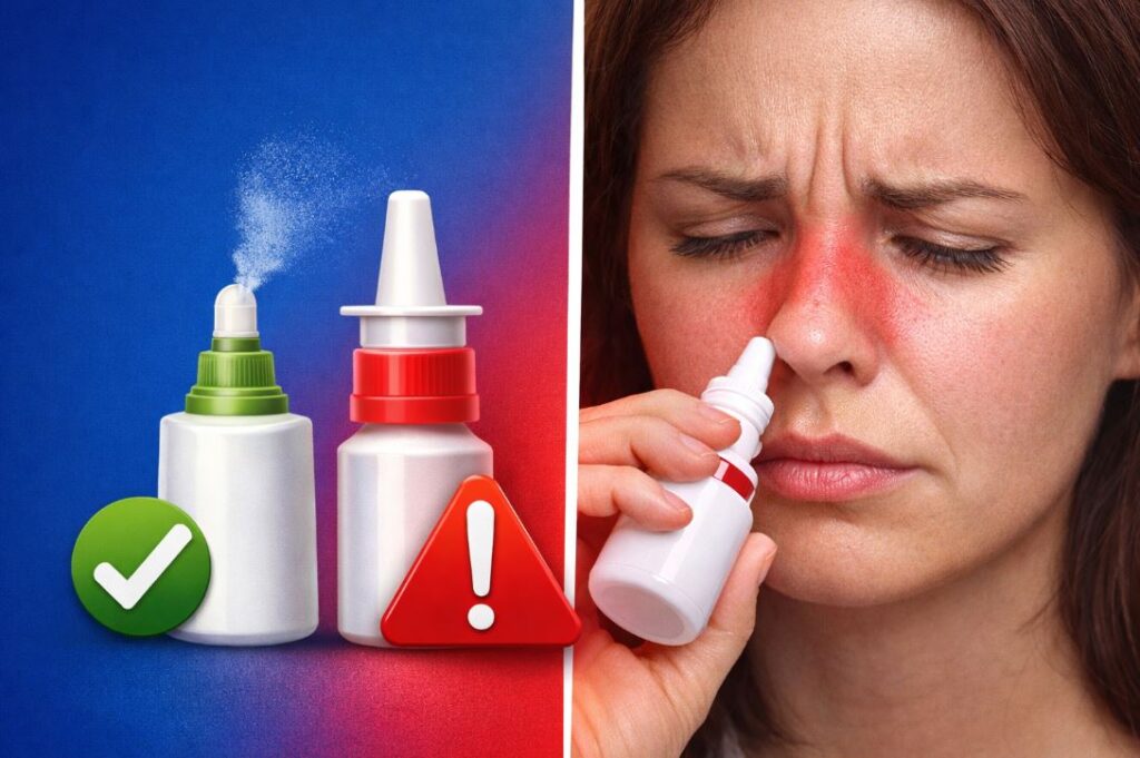Diferența dintre utilizarea corectă și greșită a spray-ului nazal: flacon cu bifă verde vs flacon cu semn de avertizare, iar o femeie folosește spray și are nasul iritat/înroșit
