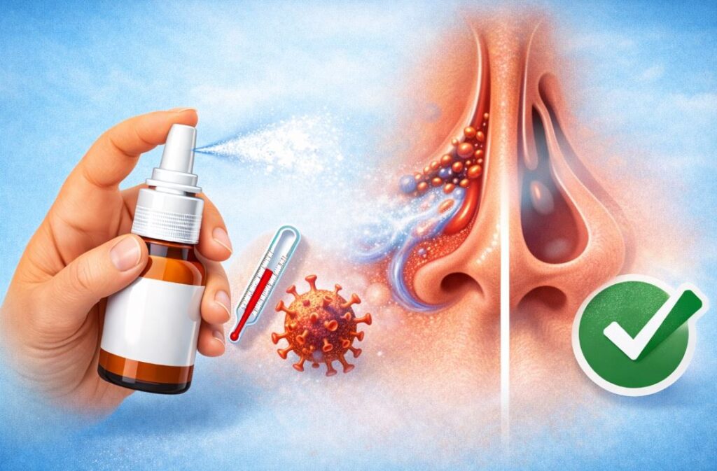 Ilustrație medicală cu spray nazal folosit în răceală: efect de decongestionare a mucoasei nazale, cu simbol de confirmare pentru utilizare corectă.