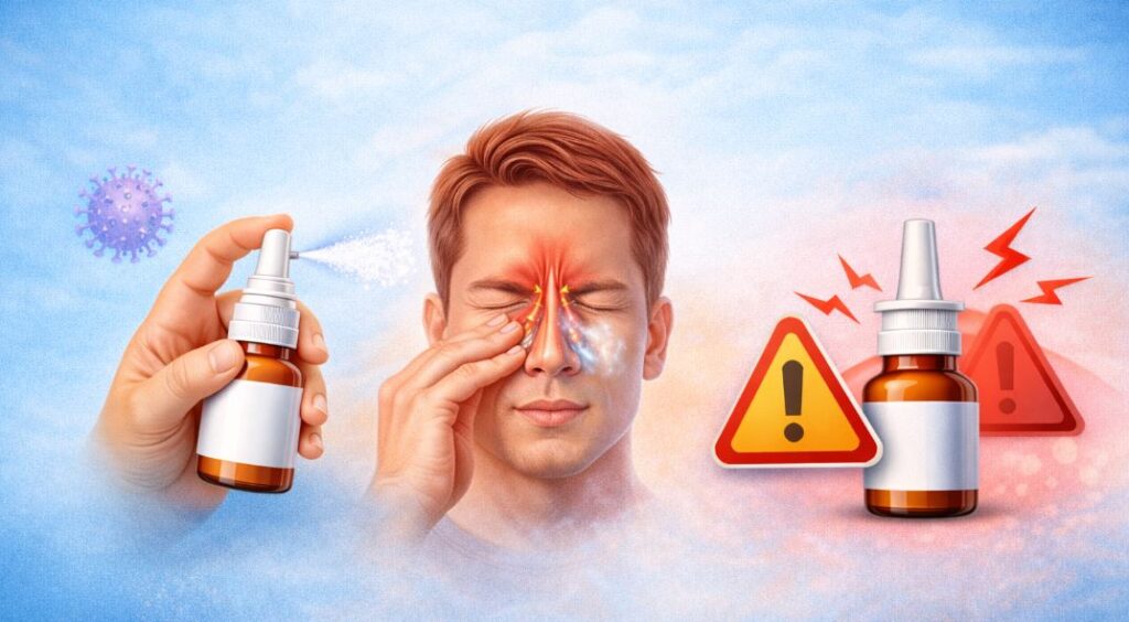 Ilustrație medicală despre utilizarea spray-ului nazal: adult cu nas iritat și durere sinusală, cu simboluri de avertizare privind riscurile folosirii incorecte