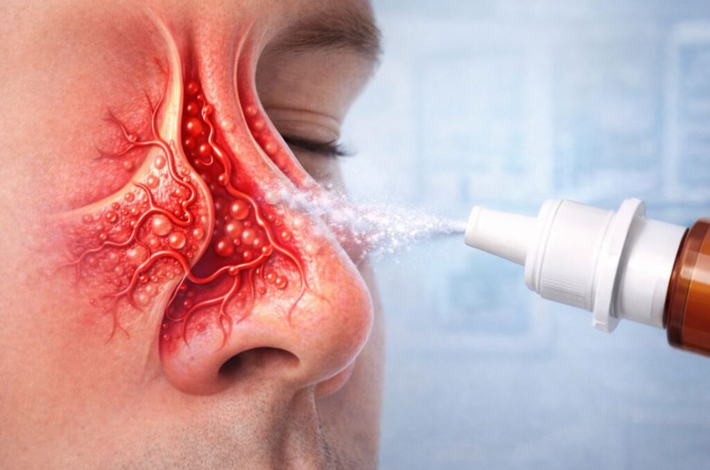 Ilustrație medicală: adult folosește spray nazal decongestionant, cu mucoasă nazală inflamată și vase de sânge iritate în interiorul nasului.