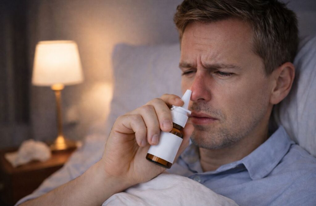 Bărbat cu nas înfundat folosește spray nazal decongestionant înainte de somn, pentru a respira mai ușor.