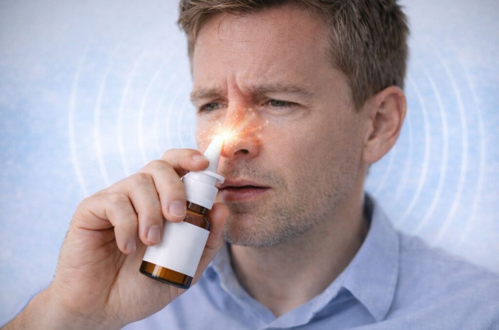 Bărbat adult folosind spray nazal decongestionant pentru nas înfundat, cu disconfort nazal sugerat.