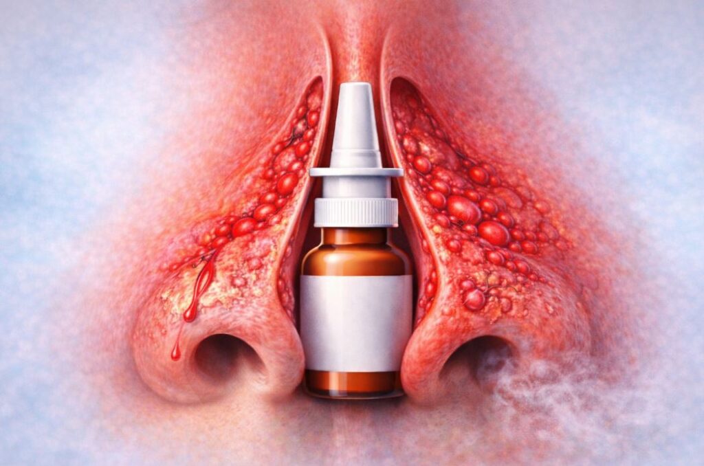Ilustrație medicală cu mucoasă nazală inflamată și iritată după utilizarea prelungită a spray-ului nazal decongestionant.