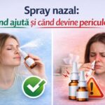 Ilustrație cu spray nazal: utilizare corectă pentru nas înfundat și utilizare periculoasă care poate duce la dependență și iritația mucoasei nazale.