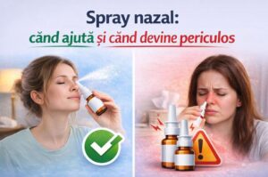 Ilustrație cu spray nazal: utilizare corectă pentru nas înfundat și utilizare periculoasă care poate duce la dependență și iritația mucoasei nazale.