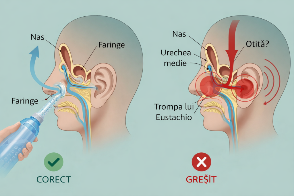 Schema medicală comparativă: spălături nazale corecte versus presiune excesivă care poate afecta trompa lui Eustachio