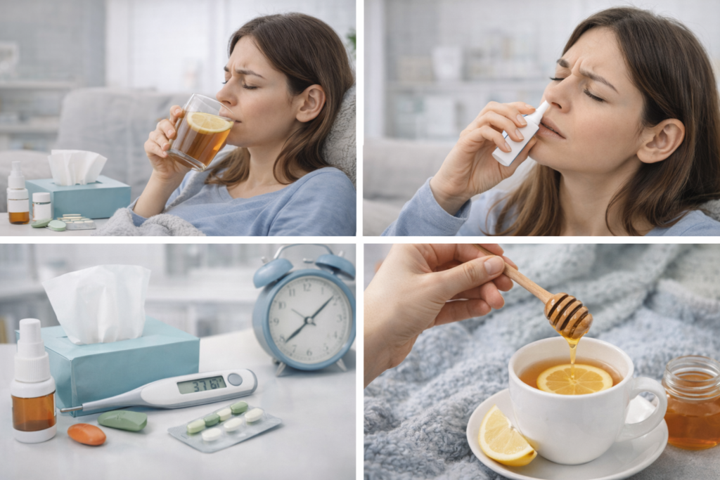 Tratament la domiciliu pentru răceală și simptome ORL — ceai cald cu lămâie, spray nazal, medicamente, miere