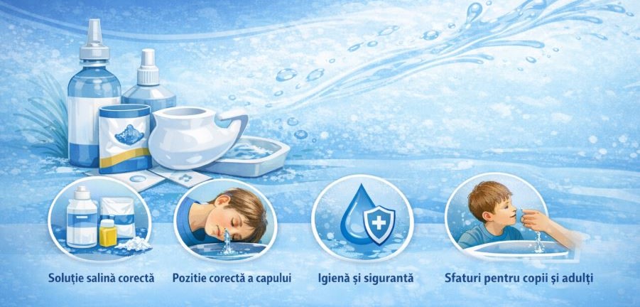 Set pentru spălături nazale și pașii corecți: soluție salină, poziția capului, igienă și utilizare la copii și adulți