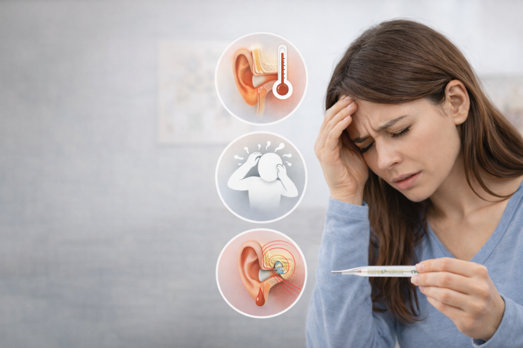 Femeie cu durere de cap ține un termometru, ilustrații ale inflamației urechii, febrei și simptomelor de otită
