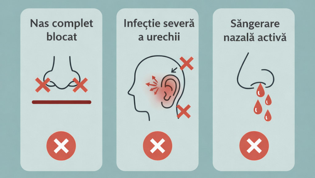 Contraindicații pentru spălături nazale: nas complet blocat, infecție severă a urechii, sângerare nazală activă