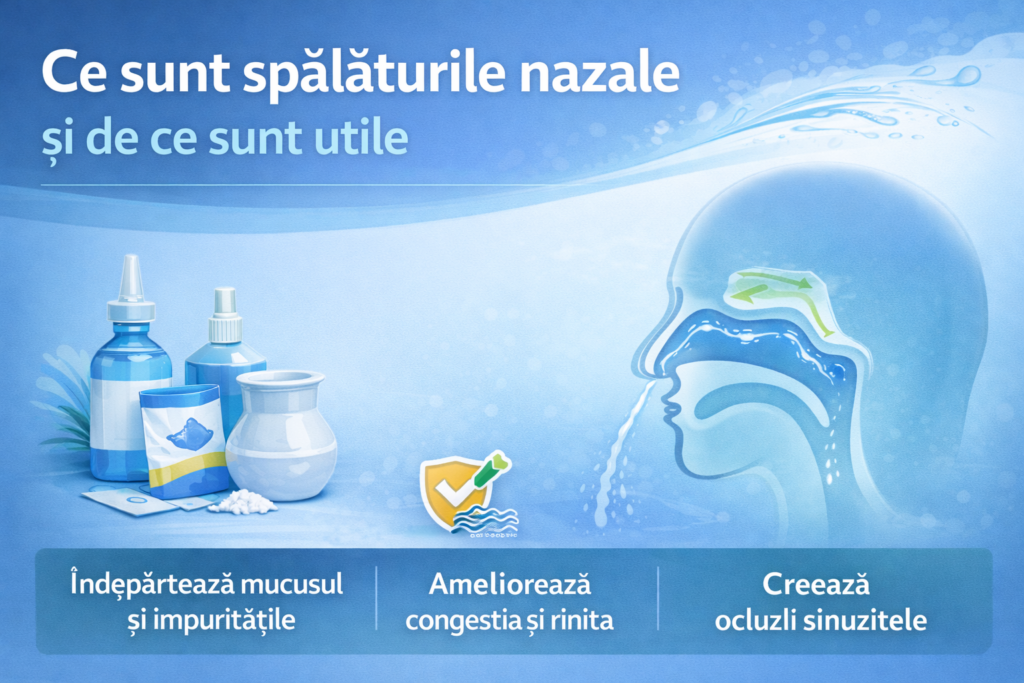 Spălături nazale - ilustrație medicală cu soluție salină și fluxul lichidului prin cavitatea nazală