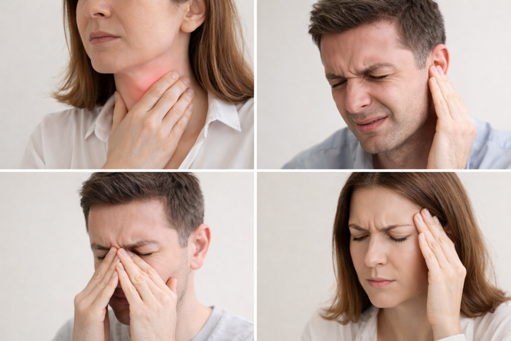 Colaj cu simptome ORL frecvente la adulți - durere în gât, durere de ureche, congestie nazală și durere de cap asociată infecțiilor ORL