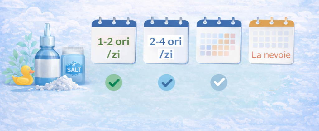 Frecvența recomandată a spălăturilor nazale: 1–2 ori pe zi, 2–4 ori pe zi sau la nevoie